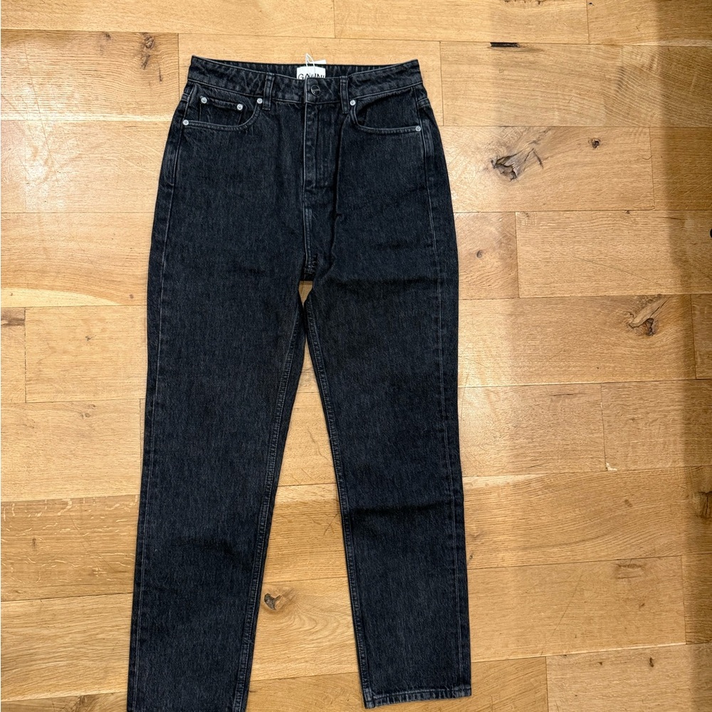 Ganni Women Slim Straight Jeans in Black Wash, Rigid Swigy